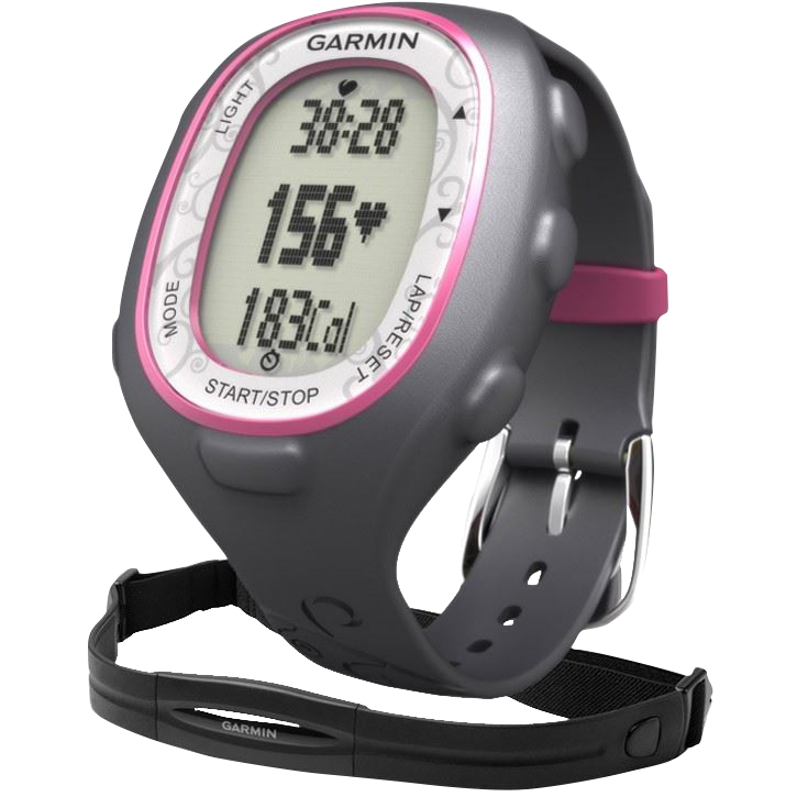 Garmin Forerunner FR70 GPS smartwatch with pink accents and HR monitor strap, refurbished