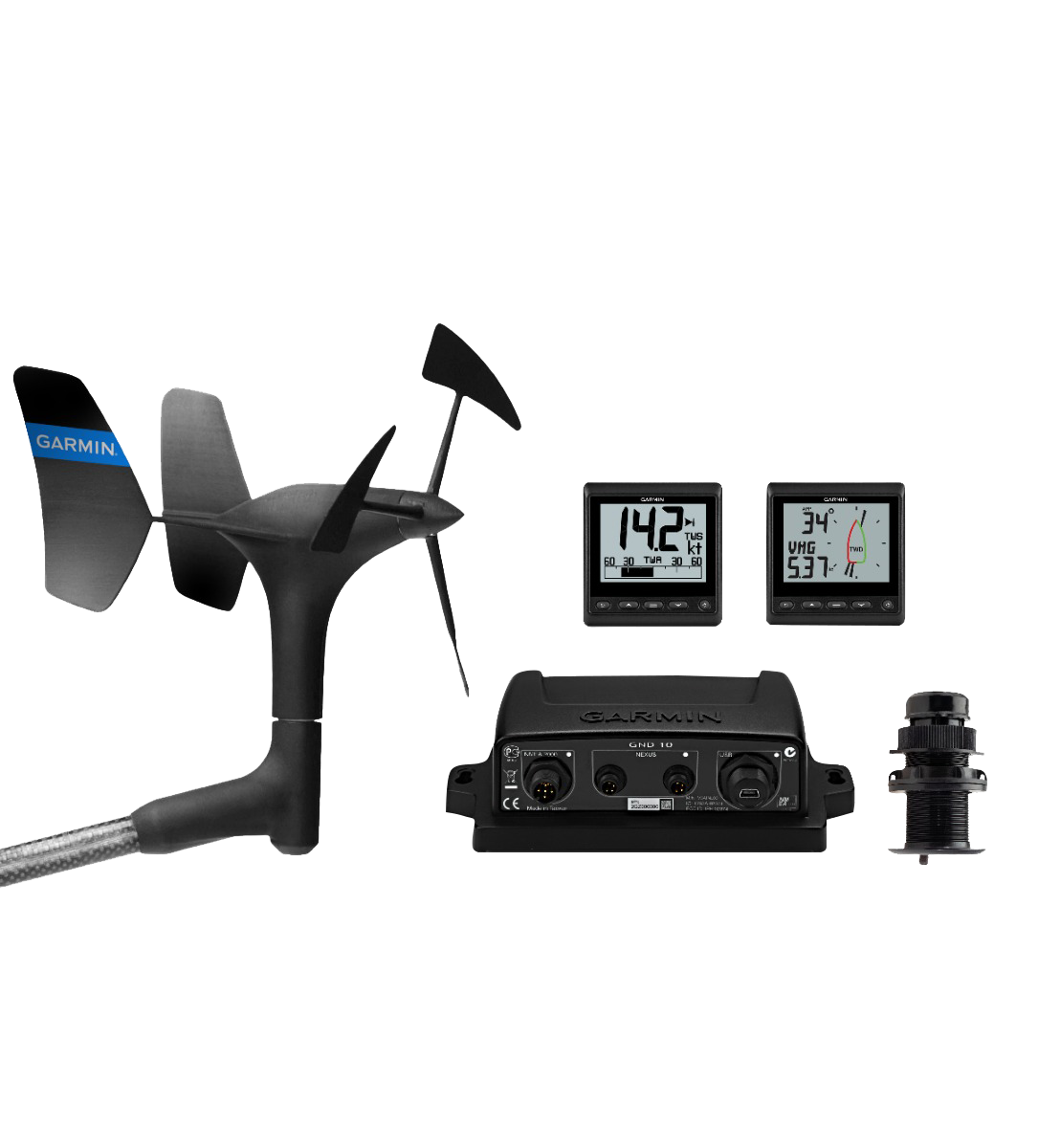 Garmin GNX Wired Sail Pack with black GNX module, two display units, and sail-mount hardware (010-01248-50)