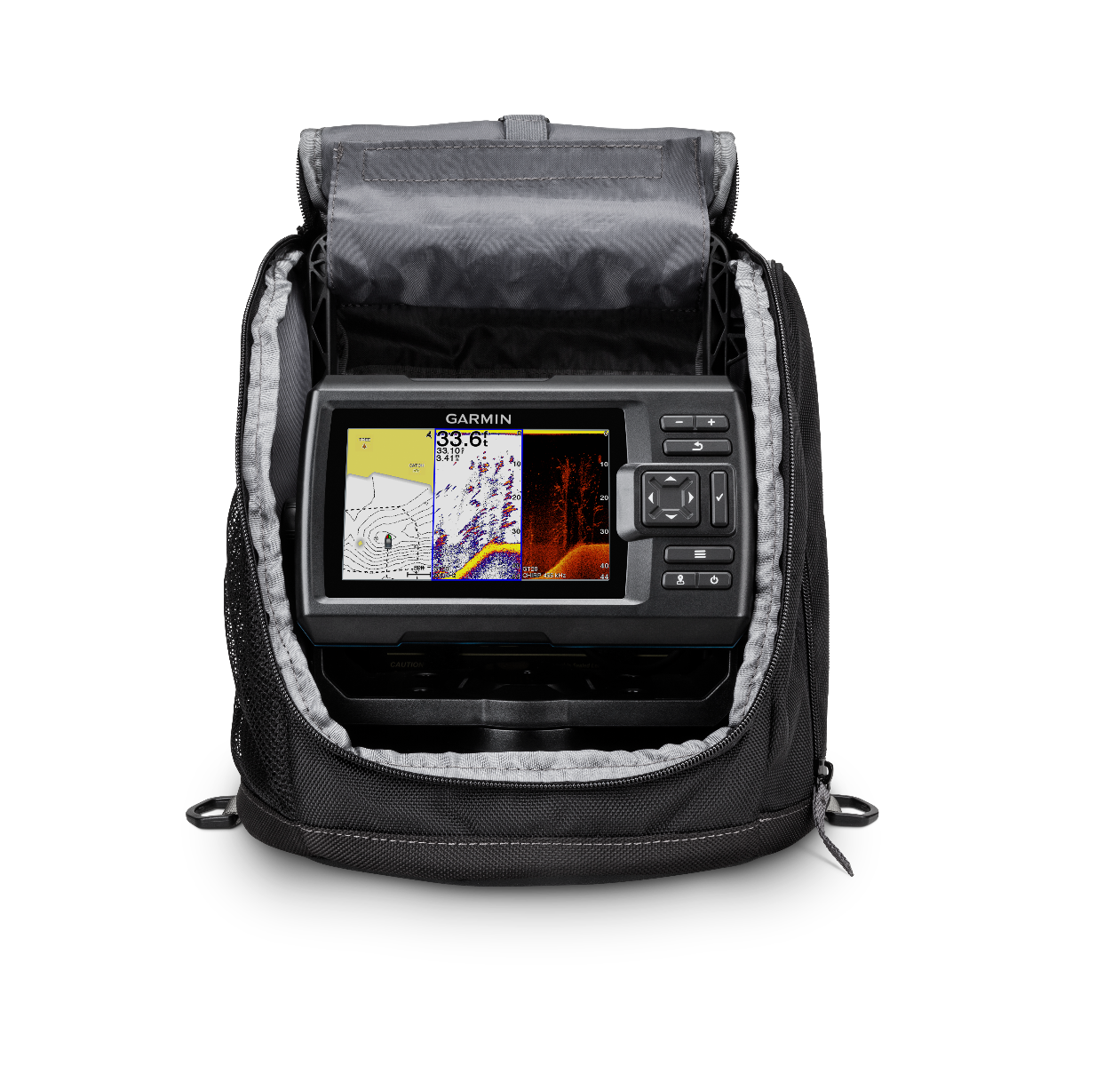 Garmin STRIKER Vivid 5cv Ice Fishing Bundle fish finder in a black and gray backpack case