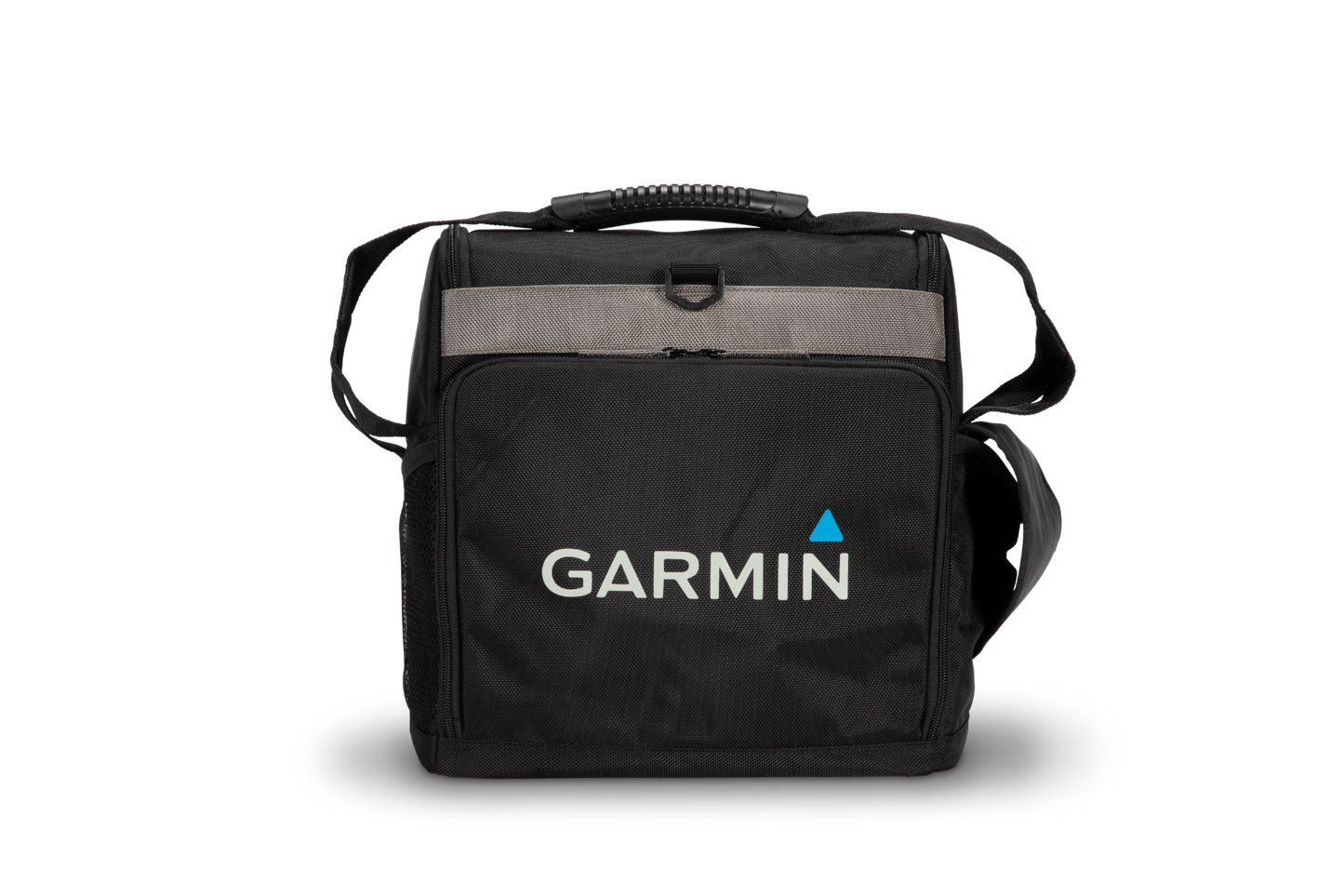Garmin LiveScope Ice Fishing Bundle carrying case, black with gray strap and Garmin logo.