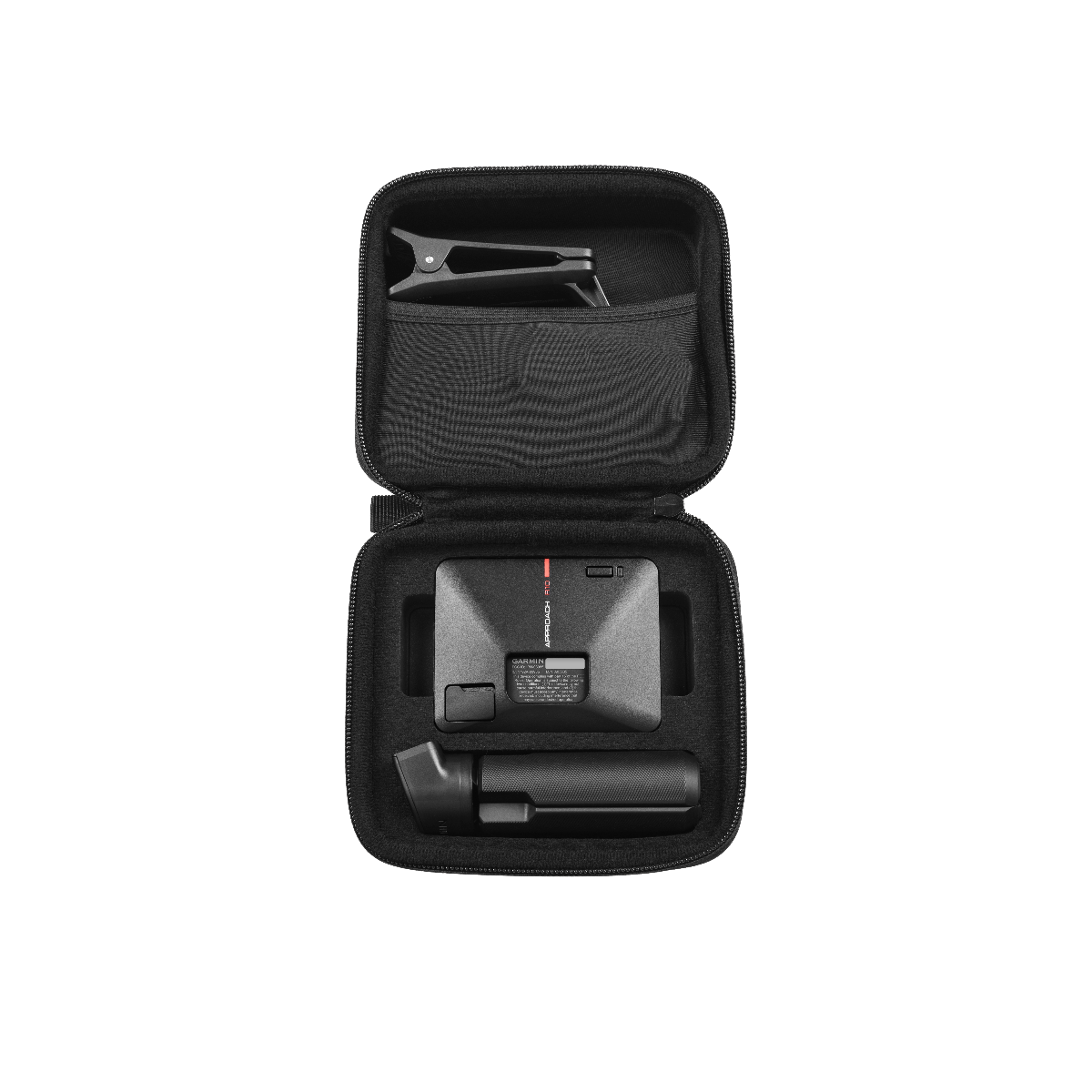Garmin Approach R10 golf swing trainer inside a black zippered carrying case with accessories