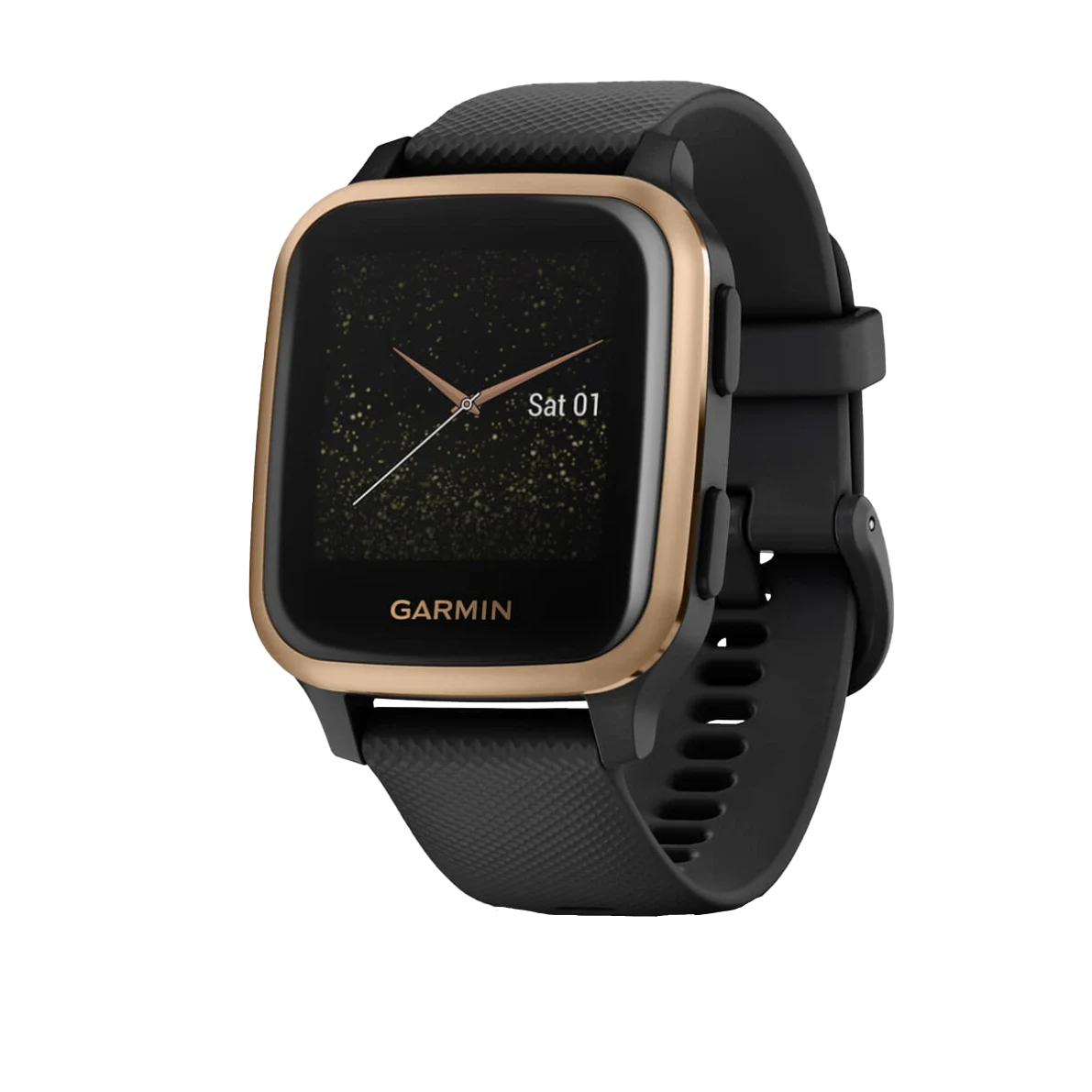 Garmin Venu Sq Music smartwatch with rose gold aluminum bezel and black silicone band (010-02426-05)