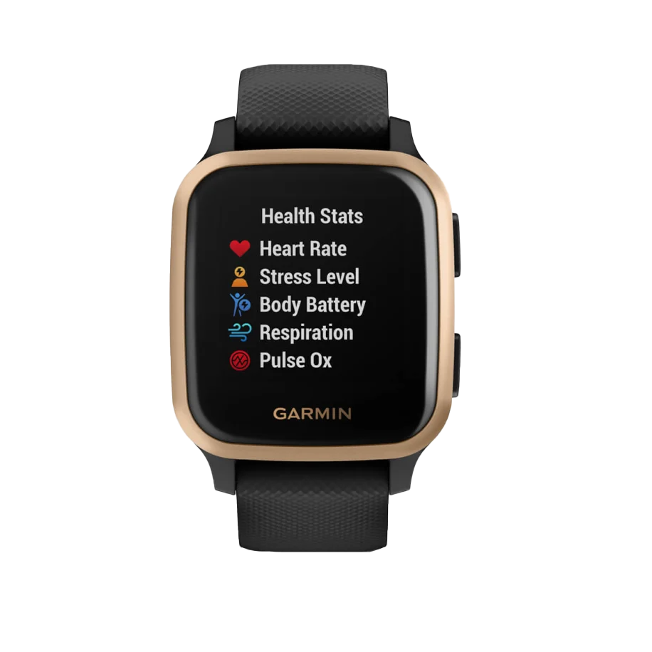 Garmin Venu Sq Music smartwatch with rose gold aluminum bezel, black case, silicone strap, model 010-02426-05