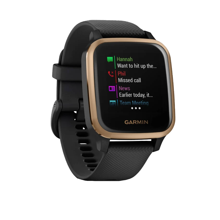Garmin Venu Sq Music smartwatch, rose gold aluminum bezel with black case and silicone band