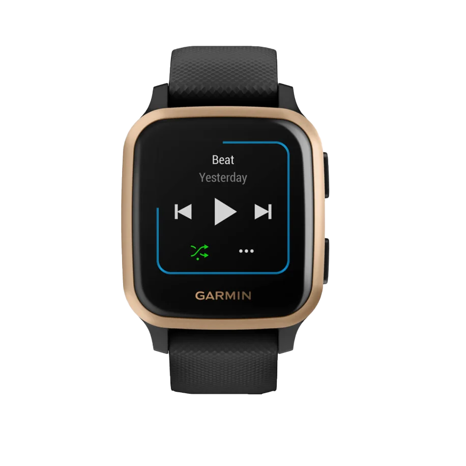 Garmin Venu Sq Music smartwatch with rose-gold aluminum bezel, black case and silicone band