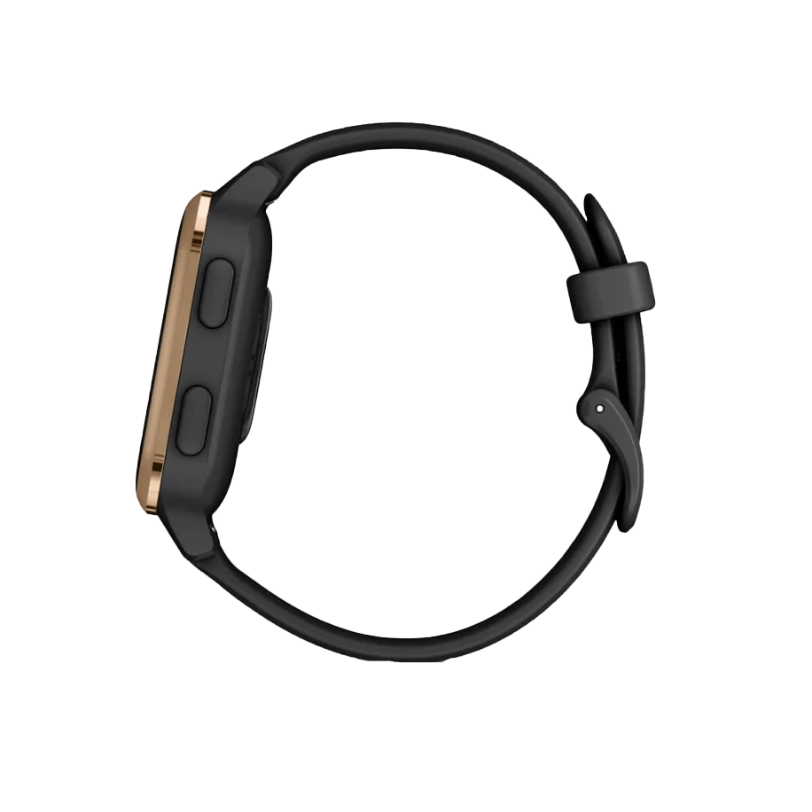Garmin Venu Sq Music smartwatch with rose-gold aluminum bezel, black case and silicone band