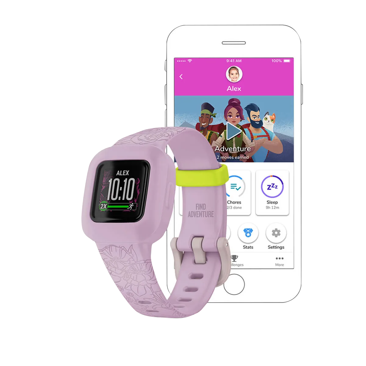 Garmin Vivofit jr. 3 lilac floral smartwatch with silicone band; refurbished, shown with a smartphone.