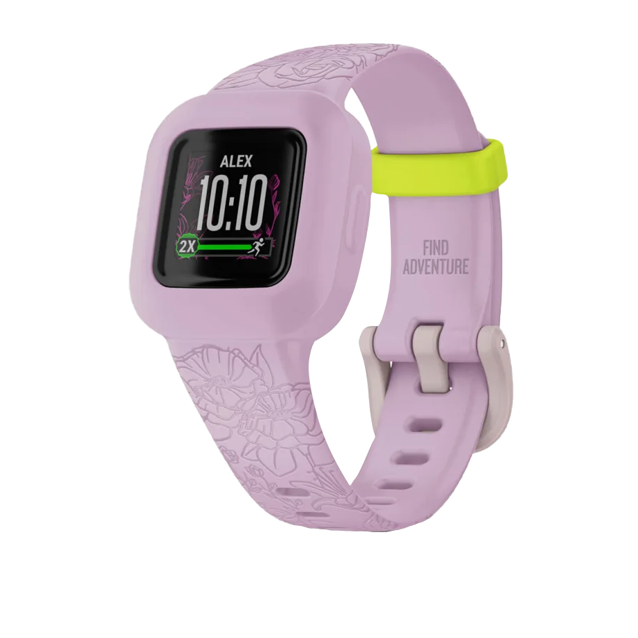 Garmin Vivofit jr. 3 Lilac Floral smartwatch, certified refurbished, lilac band with floral pattern