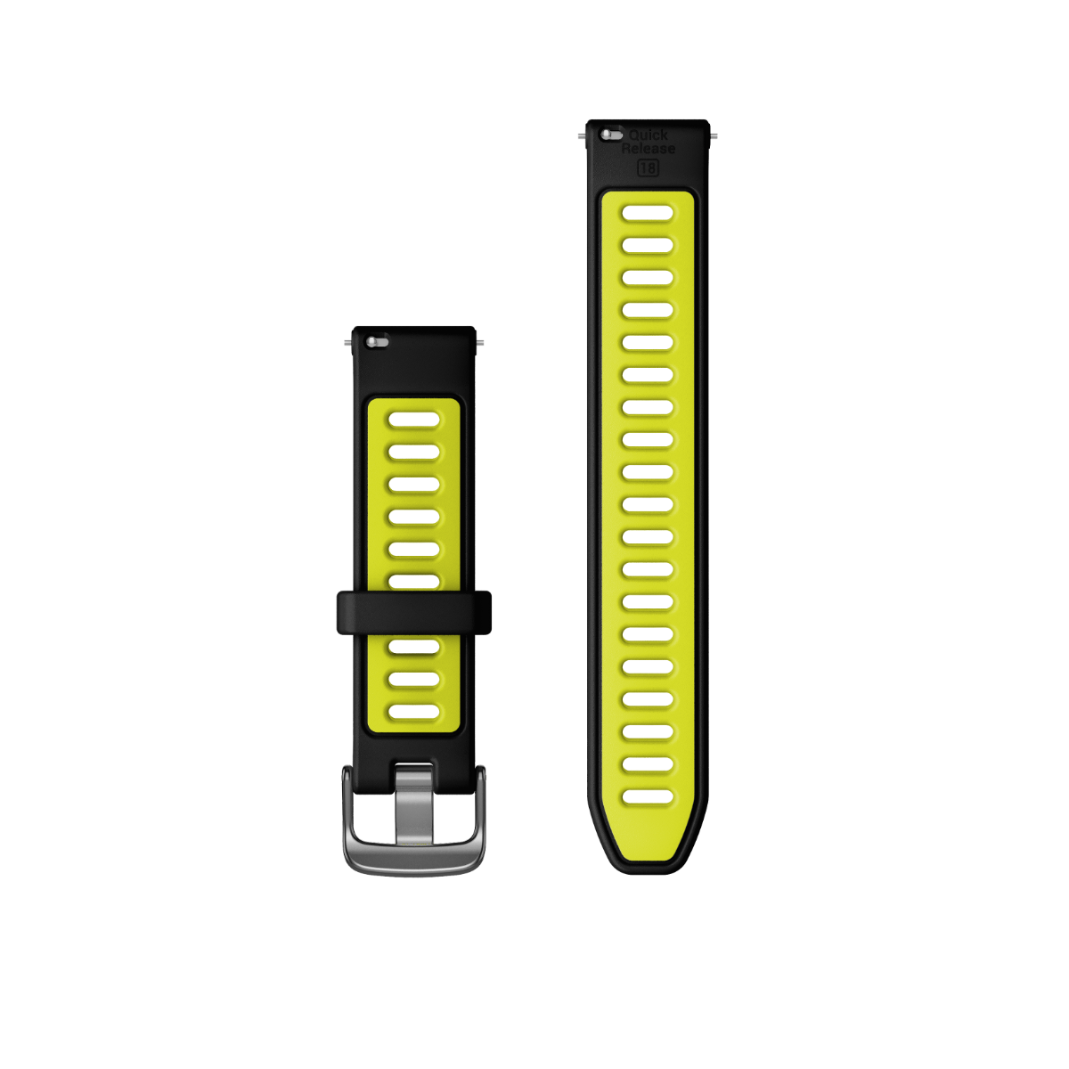 Garmin 18 mm quick-release watch bands, black with neon yellow accents and slate hardware; set of two