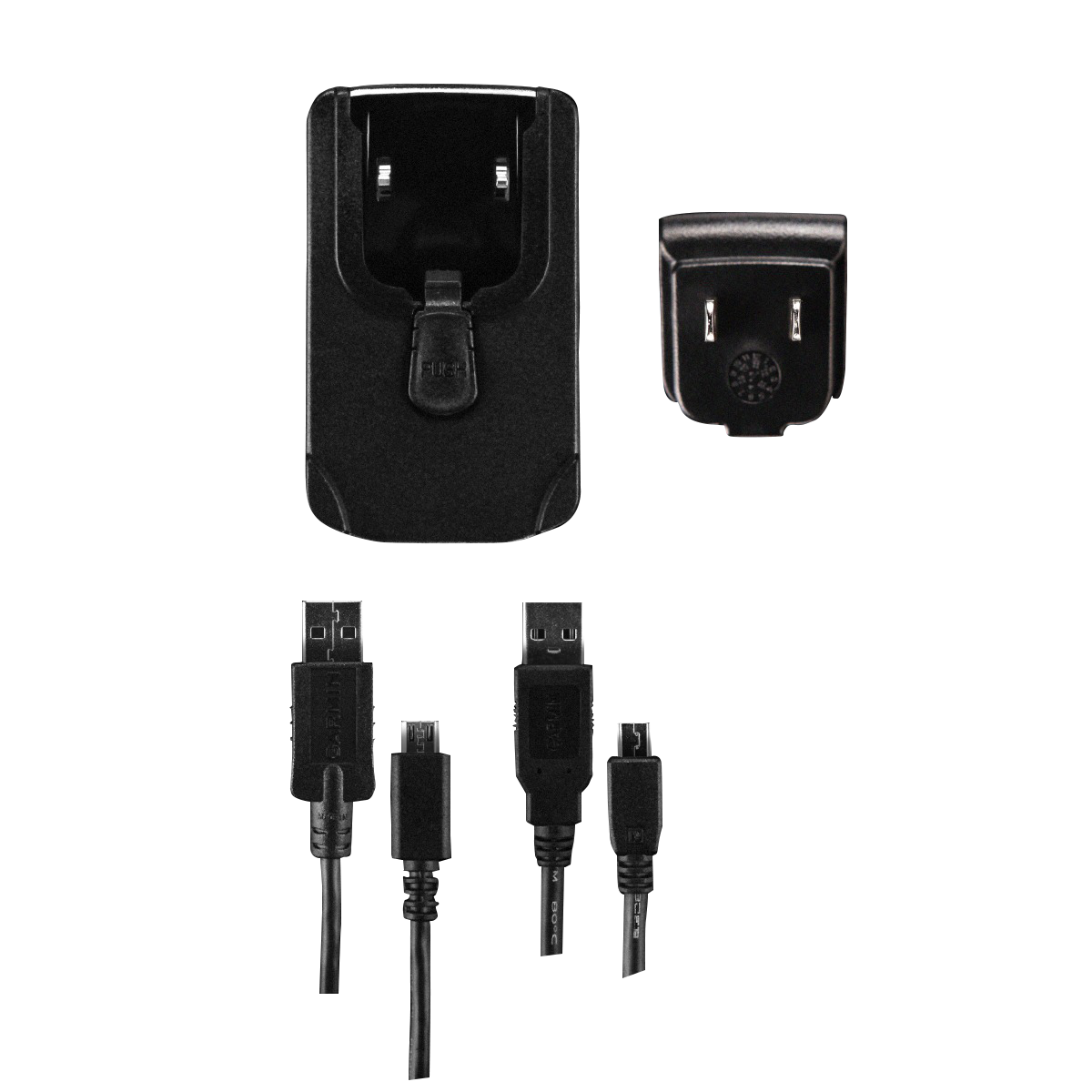Garmin AC Adapter Cable Europe (010-11478-05); black power charger with wall plug and four USB connectors