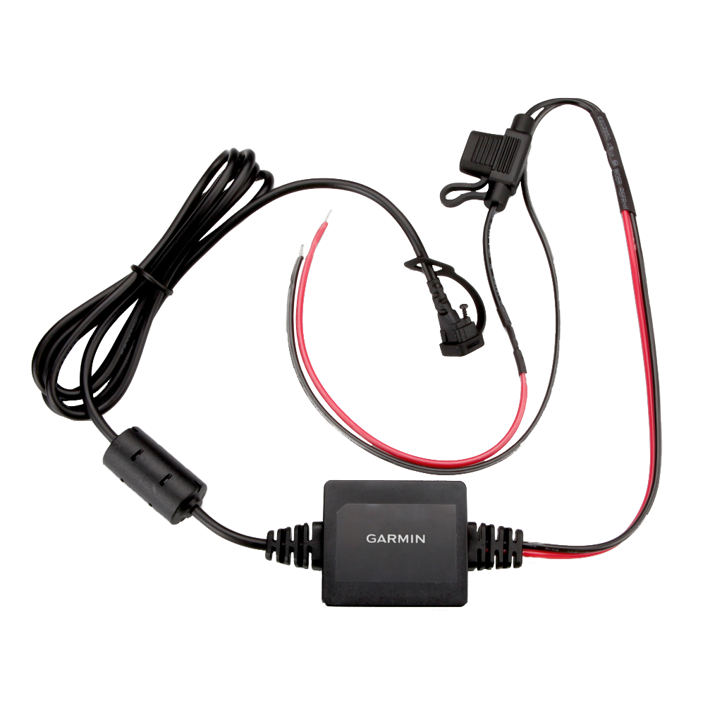 Garmin motorcycle power cable for Zumo, black inline power module with red and black wires.