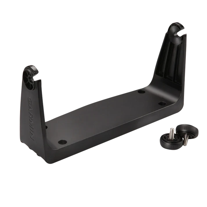 Garmin bail mount with knobs for EchoMAP and GPSMAP, black mounting bracket with mounting screws.