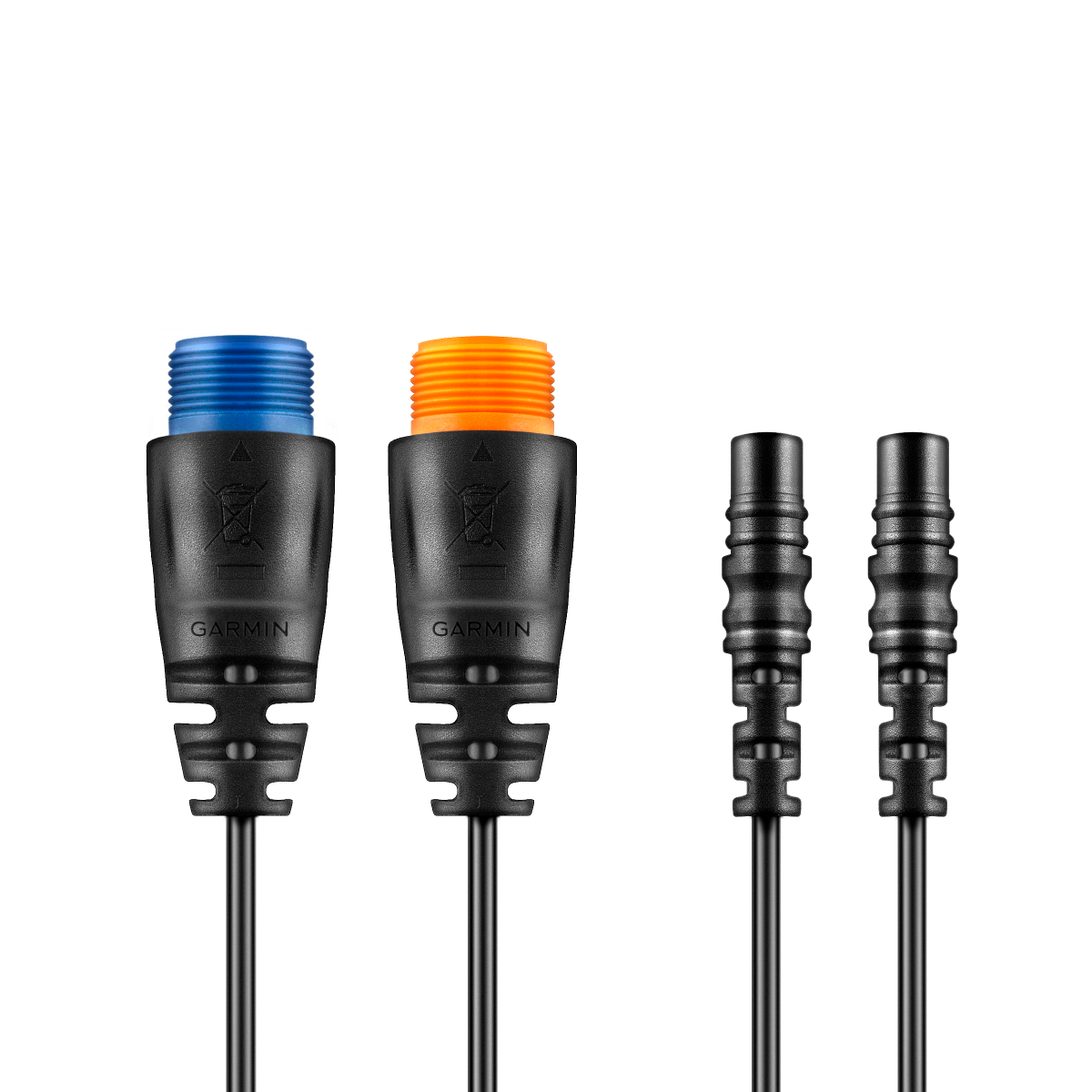 Garmin transducer adapter cables for EchoMAP; blue and orange ends with two black plugs