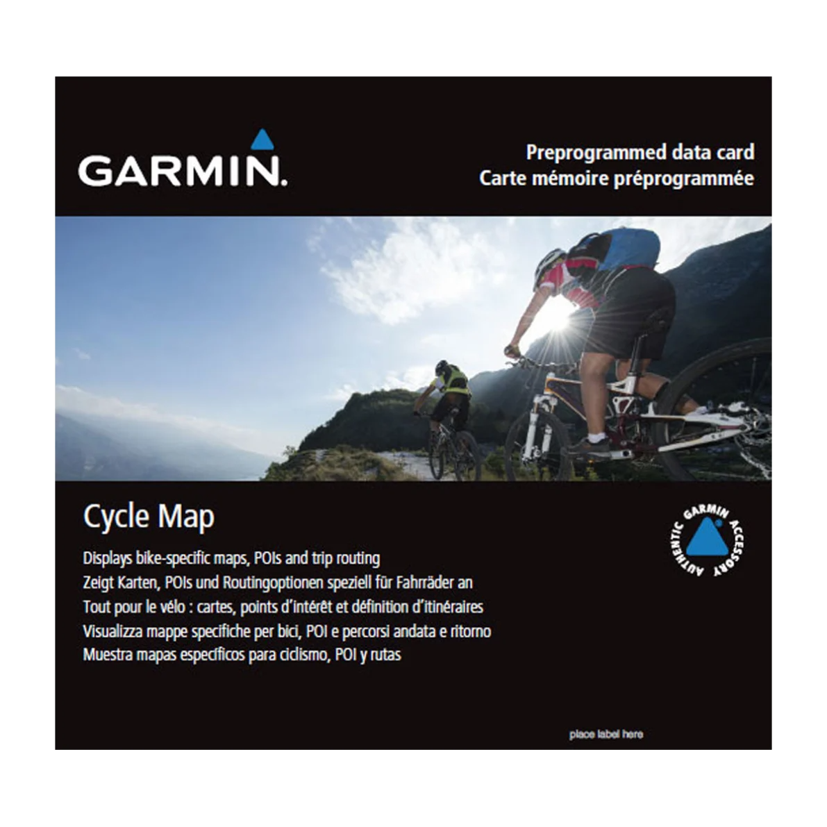 Garmin Cycle Map Europe microSD/SD Card packaging with Garmin logo and mountain bikers