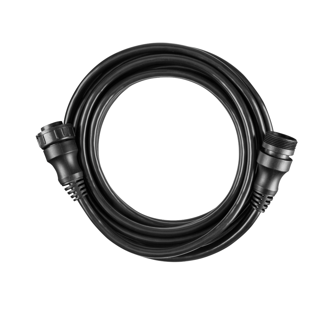 Garmin Panoptix Livescope transducer extension cable, black, 010-12855-00, coiled with dual connectors.