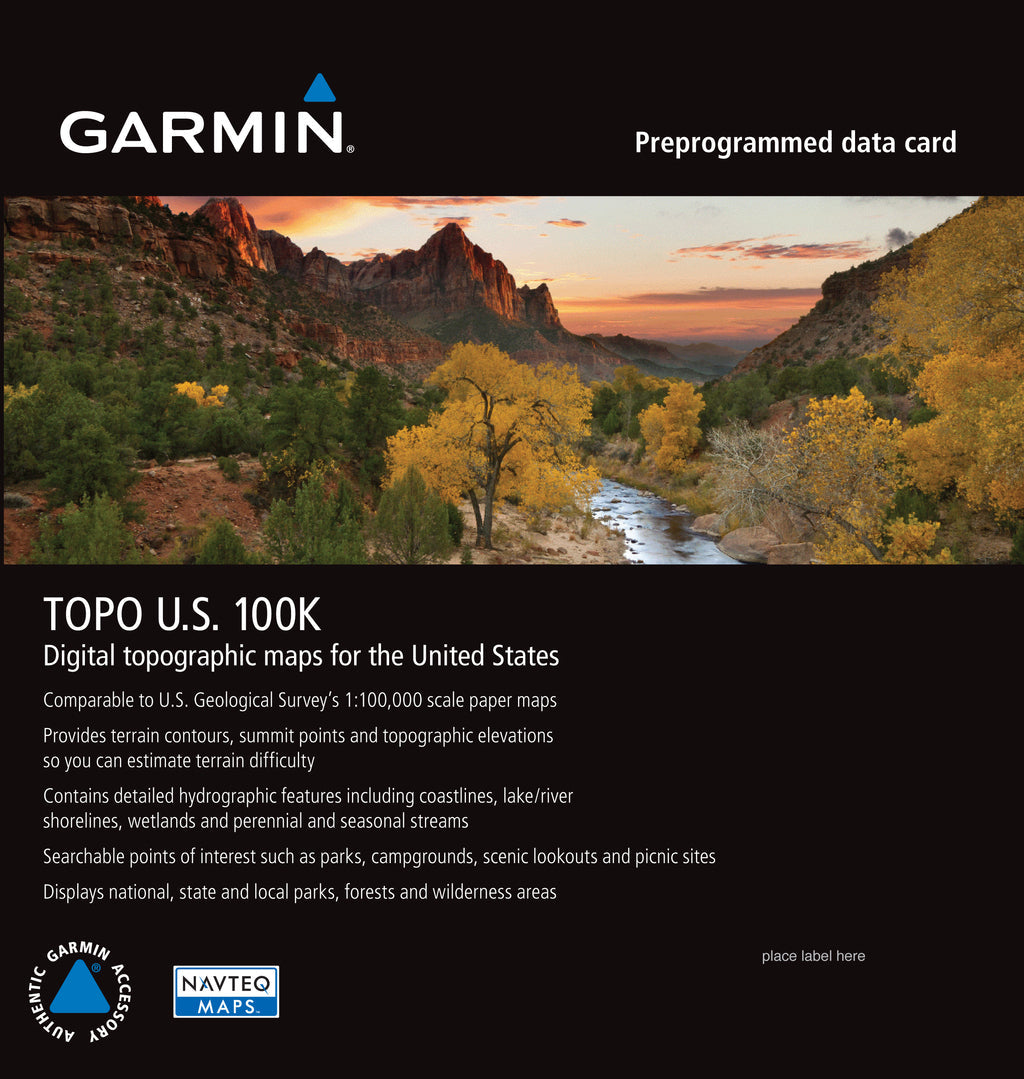 Garmin TOPO U.S. 100K map data card, preprogrammed microSD on black packaging with Garmin branding