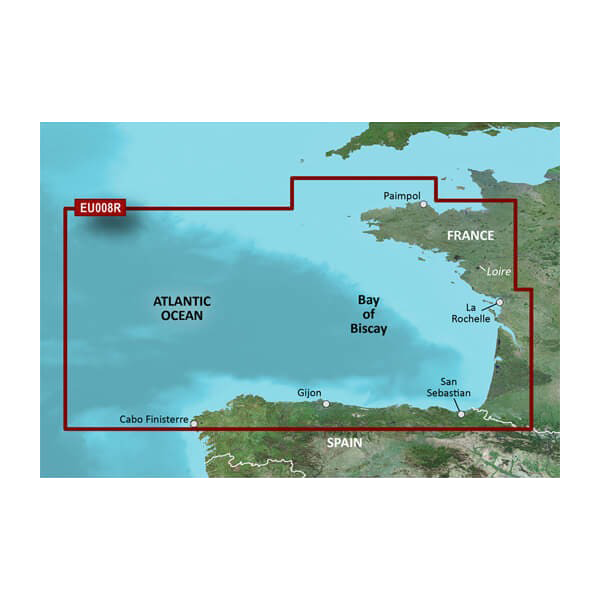 Garmin Bay of Biscay Charts BlueChart g3 Vision map card, microSD/SD, red boundary outlining the Bay of Biscay region