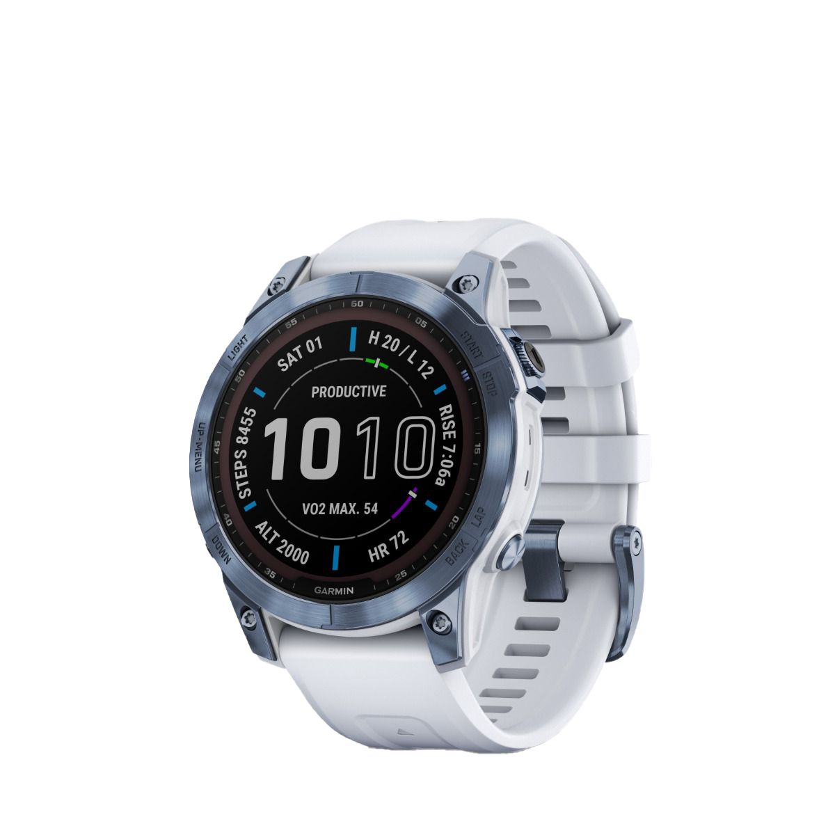 Garmin fenix 7 Sapphire Solar smartwatch with mineral blue DLC titanium bezel and white Whitestone band