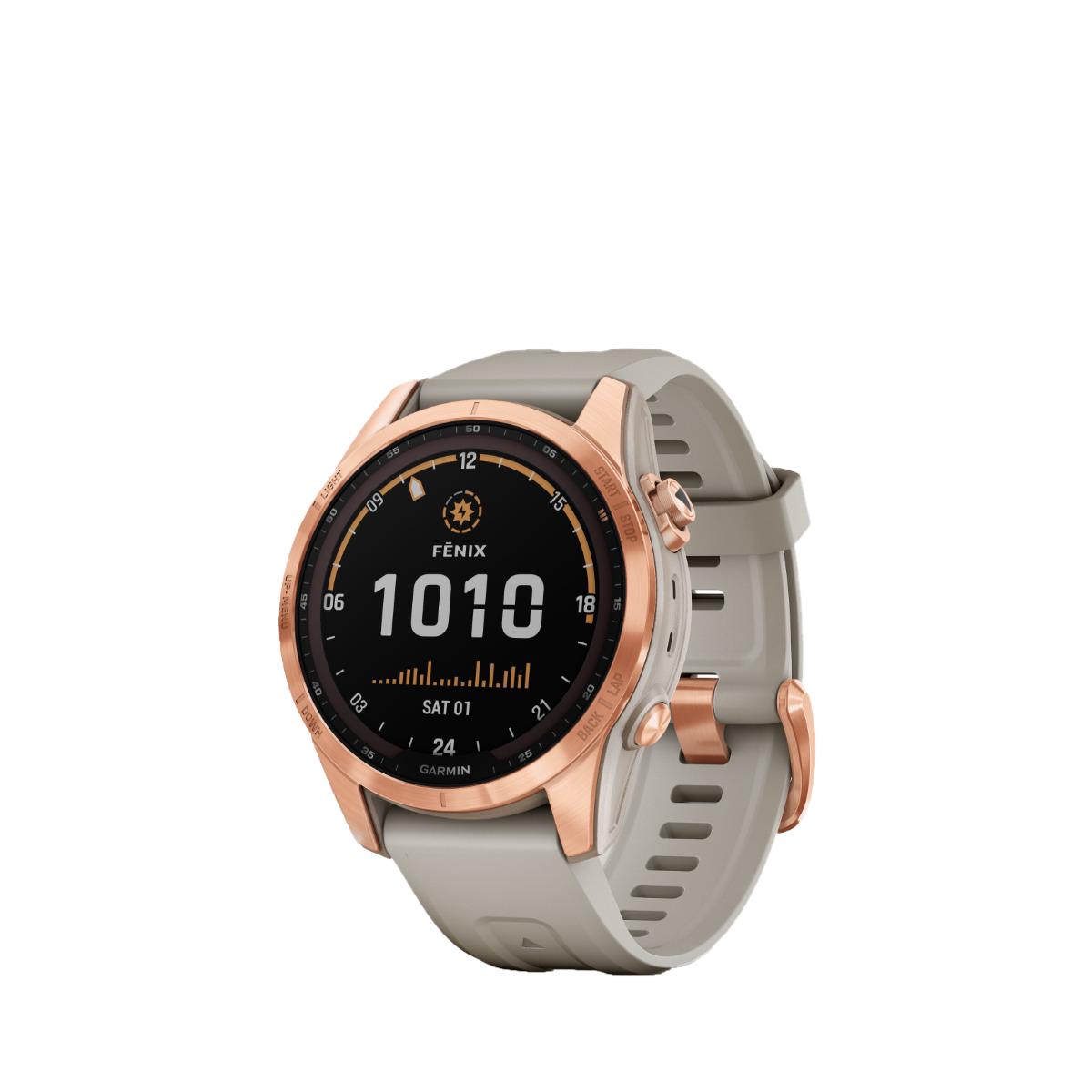 Garmin fenix 7S Solar smartwatch in rose gold-tone with light sand band, Garmin Certified Refurbished