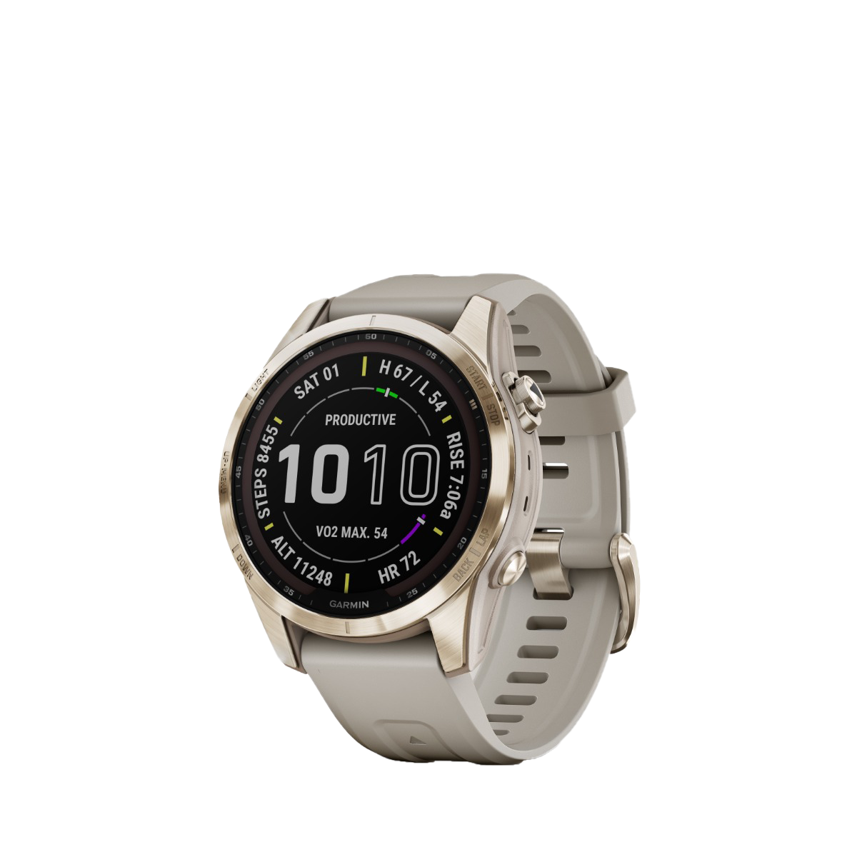Garmin fenix 7S Sapphire Solar smartwatch with cream gold titanium case and light sand band