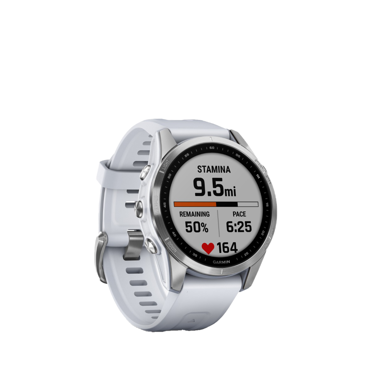Garmin fenix 7S smartwatch with silver case and Whitestone band