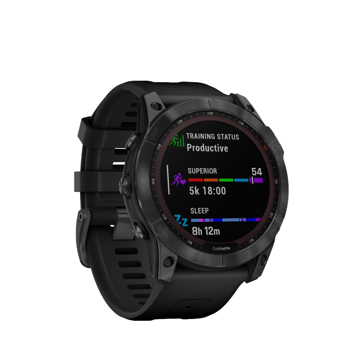 Garmin Fenix 7X Solar smartwatch in slate gray with black band, certified refurbished