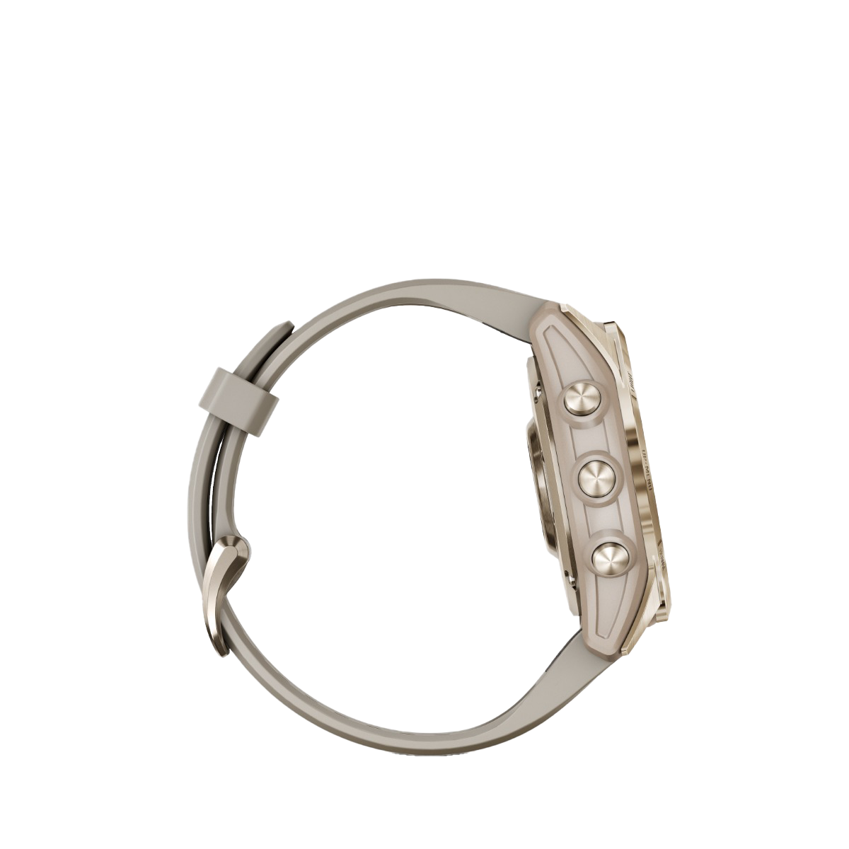 Garmin fenix 7S Sapphire Solar smartwatch with Cream Gold Titanium case and Light Sand band, angled side view