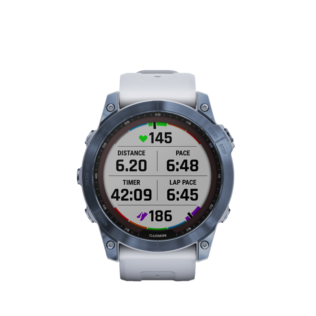 Garmin Fenix 7x Sapphire Solar smartwatch with mineral blue DLC titanium bezel and Whitestone band