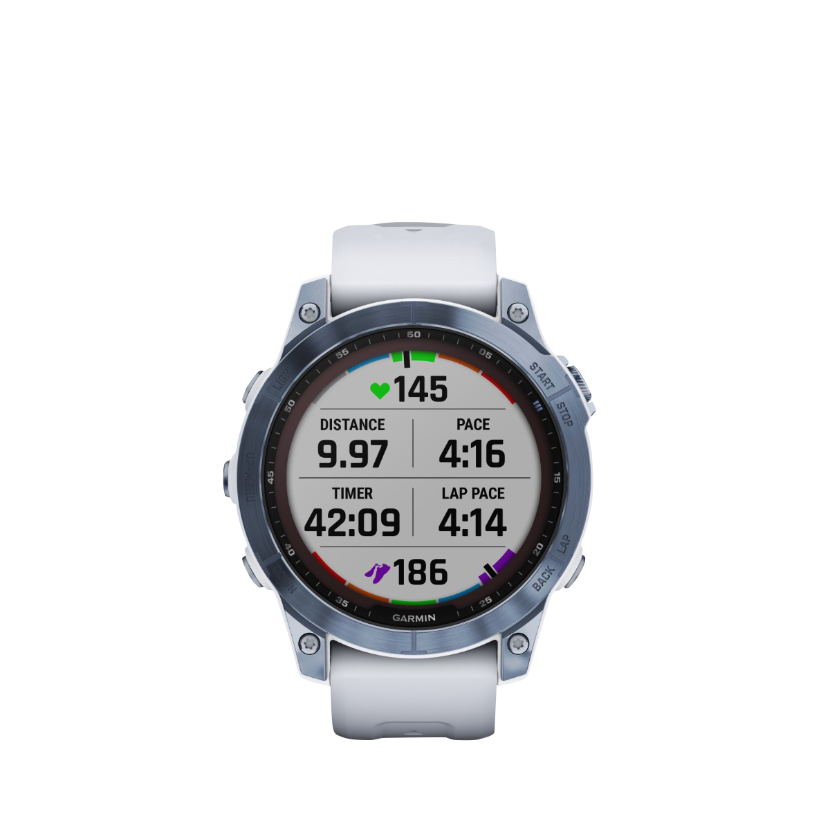 Garmin fenix 7 Sapphire Solar smartwatch with mineral blue DLC titanium bezel and Whitestone band