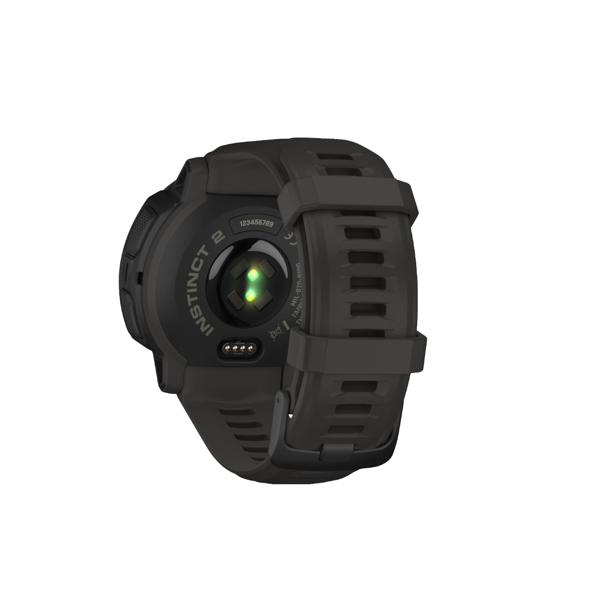 Garmin Instinct 2S graphite smartwatch back with green optical heart-rate sensor