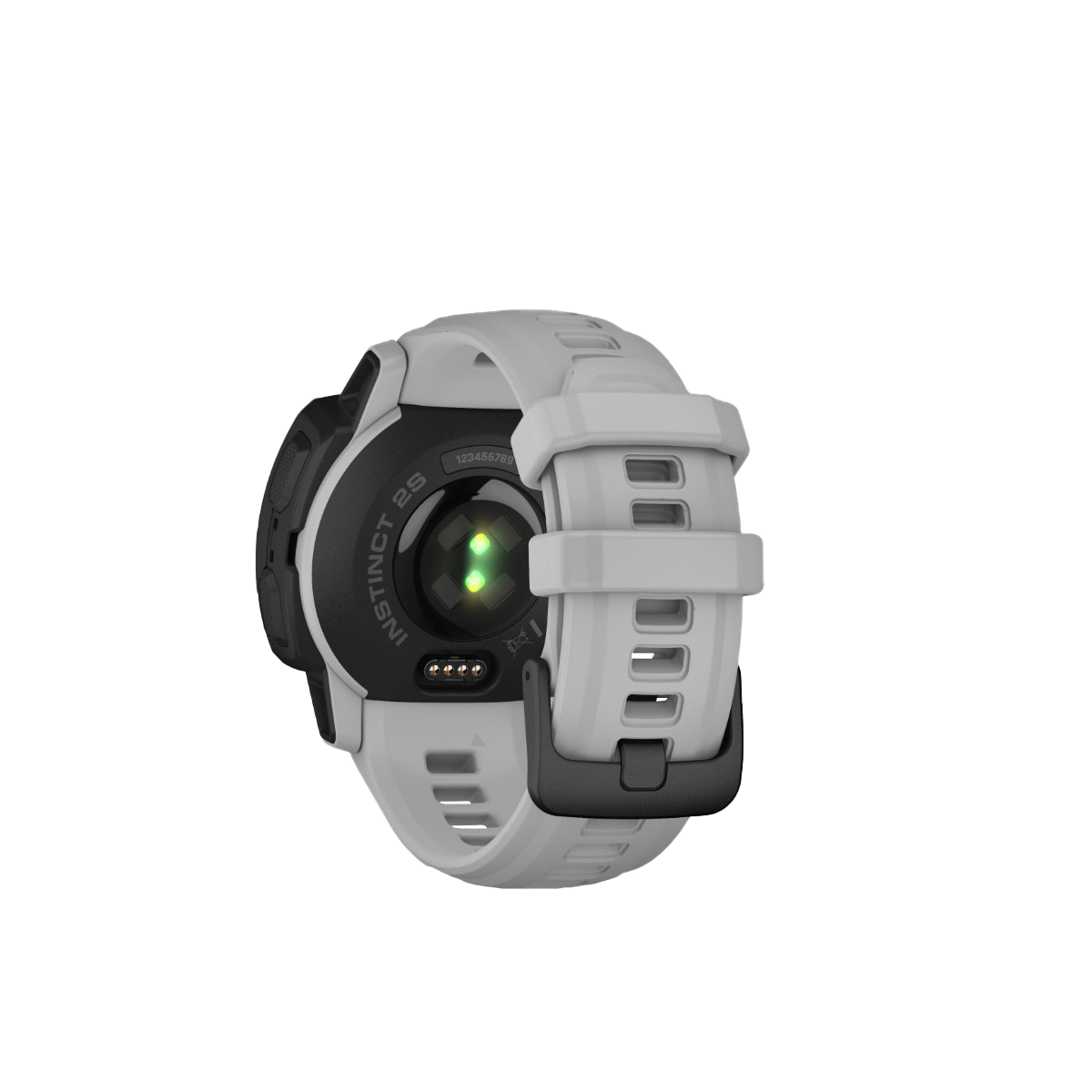 Garmin Instinct 2S Solar smart watch, Mist Gray, back view with green heart-rate sensor and light gray strap