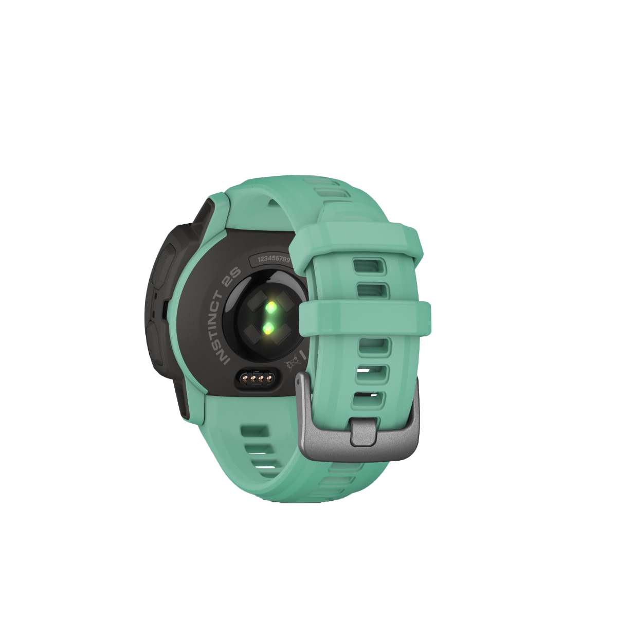 Garmin Instinct 2S Solar smartwatch, Neo Tropic green silicone band, back view