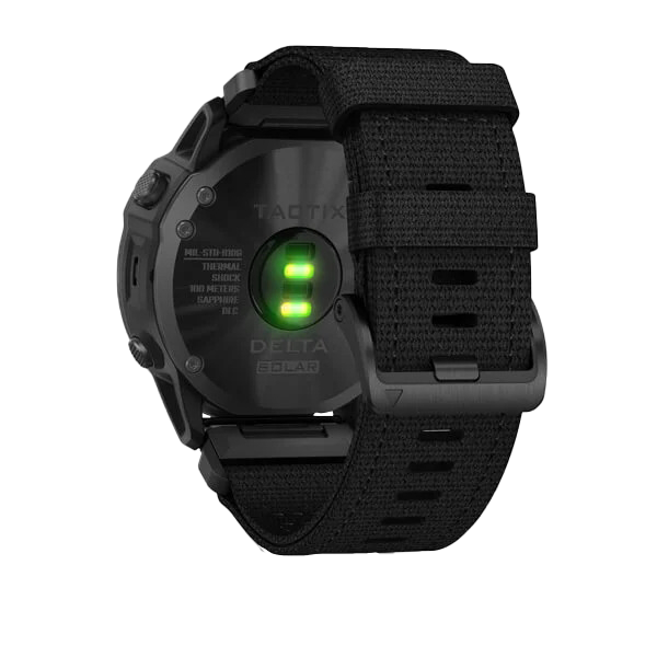 Garmin Tactix Delta Solar smartwatch, black nylon band, rugged ballistic design.