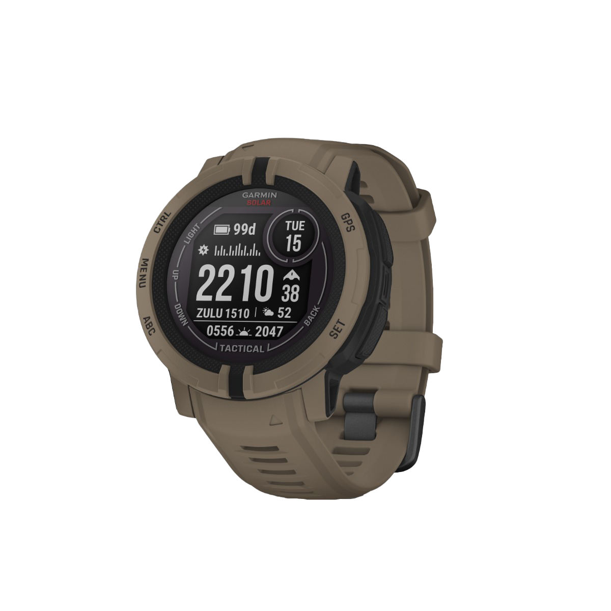 Garmin Instinct 2 Solar Tactical Edition smartwatch in coyote tan with rugged bezel