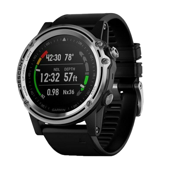 Garmin Descent Mk1 dive smartwatch with silver bezel and black band, certified refurbished