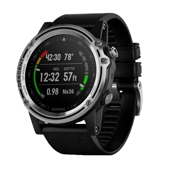 Garmin Descent Mk1 dive smartwatch with silver bezel and black band, certified refurbished