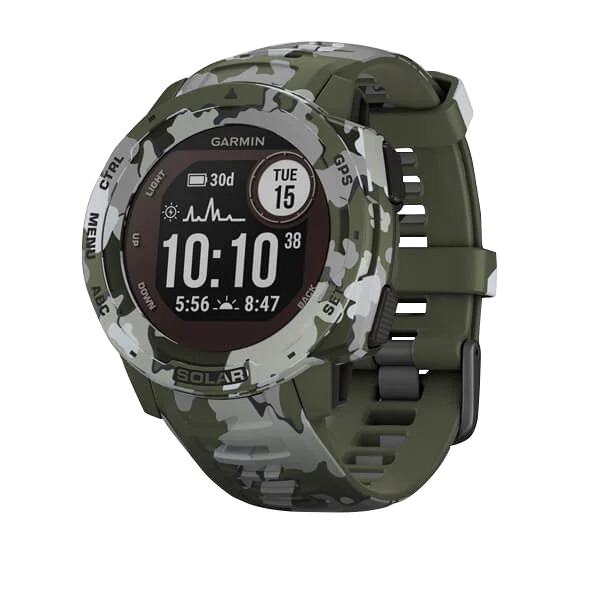 Garmin Instinct Solar Camouflage Edition smartwatch in lichen camo with olive strap