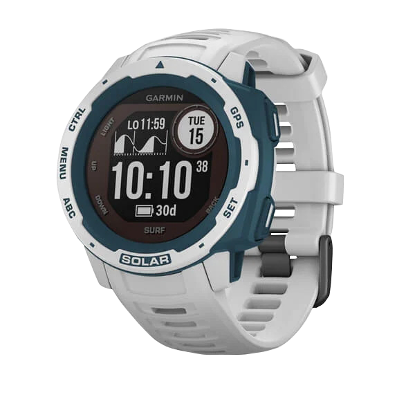 Garmin Instinct Solar Surf Edition smartwatch, Cloudbreak colorway with white band and teal bezel