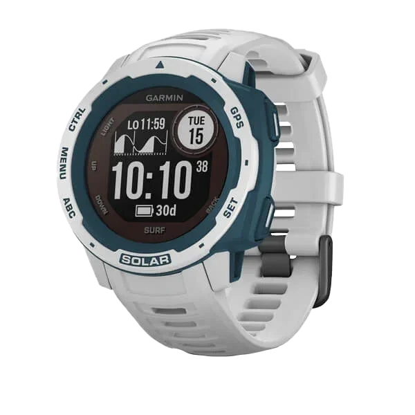Garmin Instinct Solar Cloudbreak rugged GPS smartwatch with white band and blue bezel