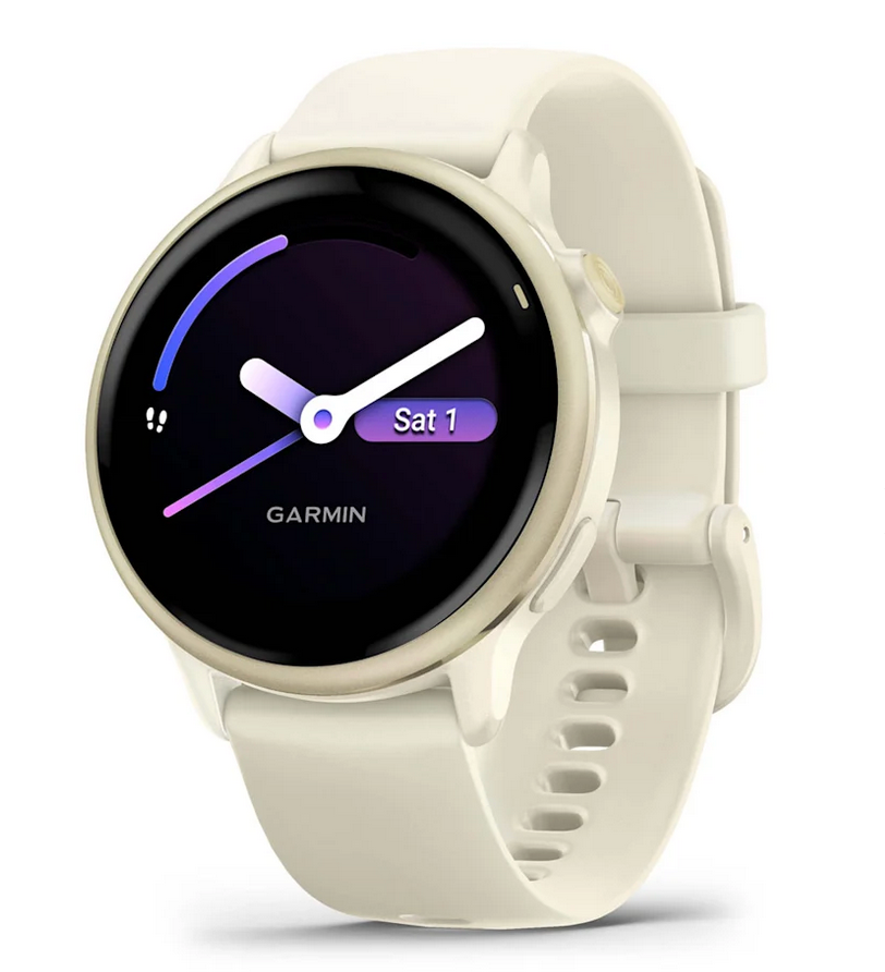 Garmin Vivoactive 6 smartwatch, Lunar Gold case with bone-colored band