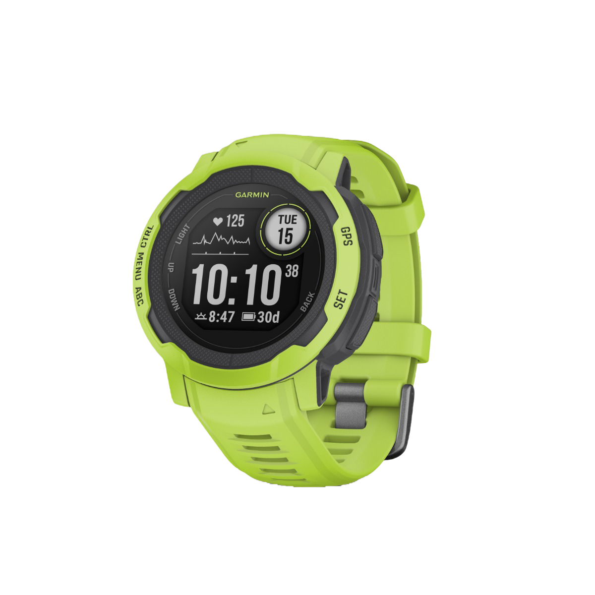 Garmin Instinct 2 smartwatch with lime-green silicone band and dark bezel.