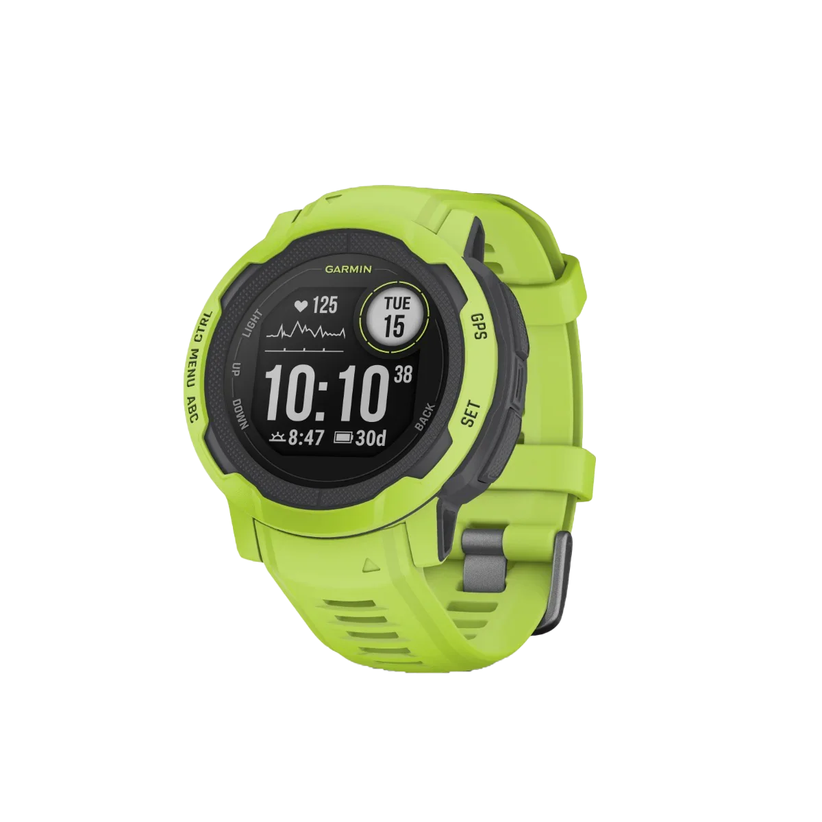 Garmin Instinct 2 smartwatch with lime-green silicone band and dark bezel.