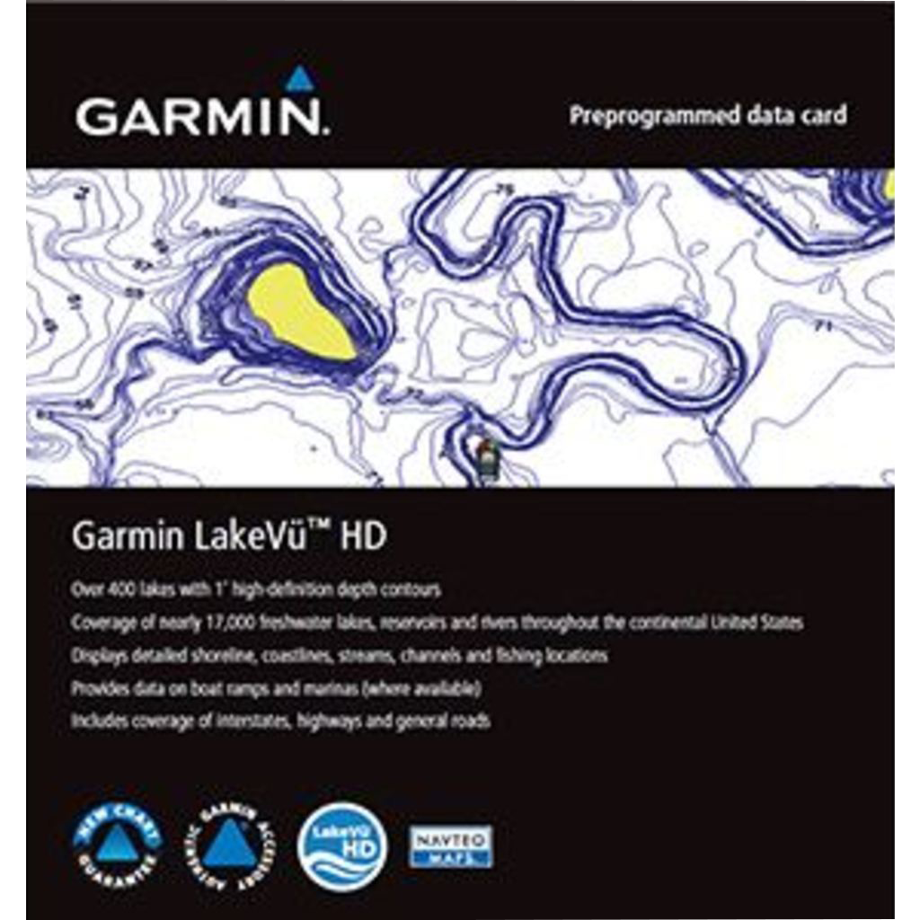 Garmin LakeVü HD All LUS100F map card with contour lake map artwork and Garmin branding