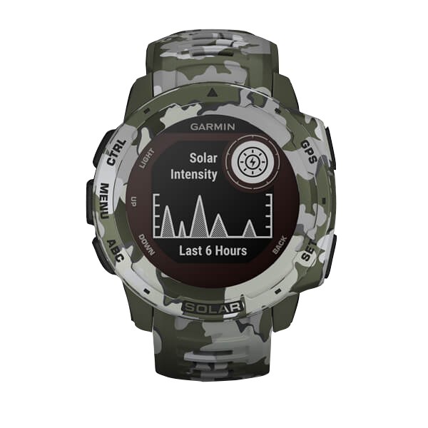 Garmin Instinct Solar watch, lichen camo edition in camouflage pattern