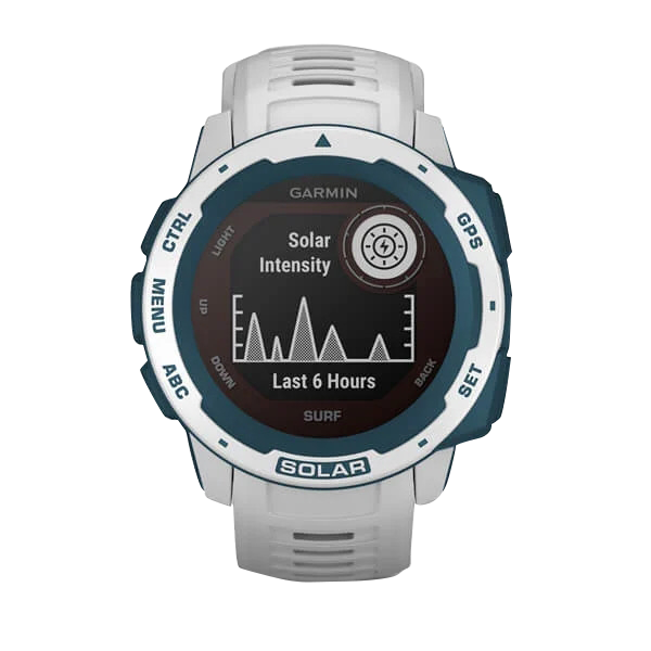Garmin Instinct Solar Surf Edition watch with white band and blue bezel