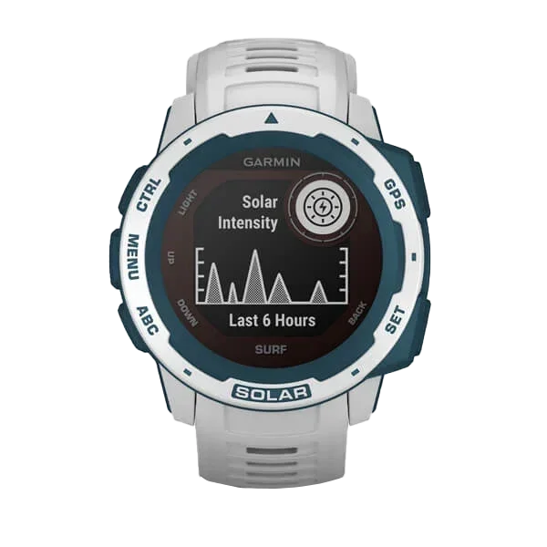 Garmin Instinct Solar smartwatch in Cloudbreak, white band with blue bezel, rugged GPS
