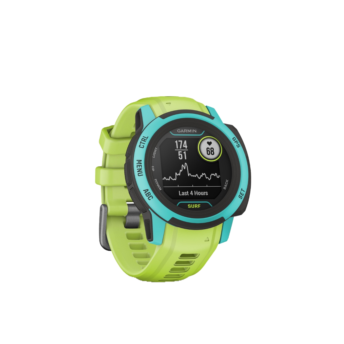 Garmin Instinct 2S Surf Edition smart watch with lime green strap and turquoise bezel