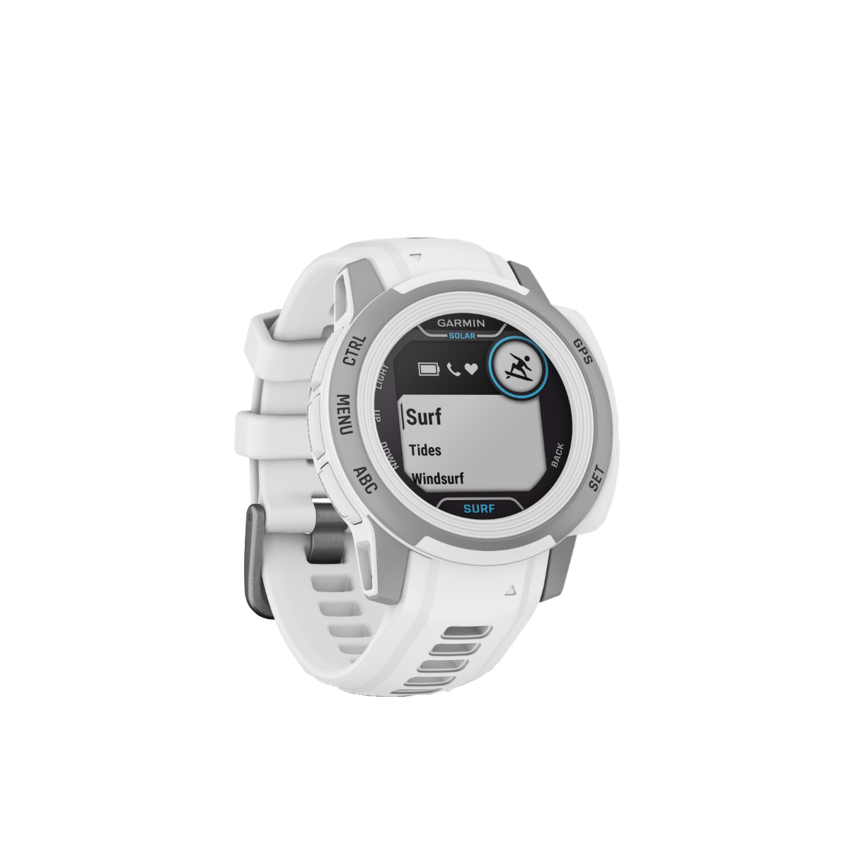 Garmin Instinct 2S Solar Surf Edition smartwatch with white silicone band and surf mode menu (Surf/Tides/Windsurf)