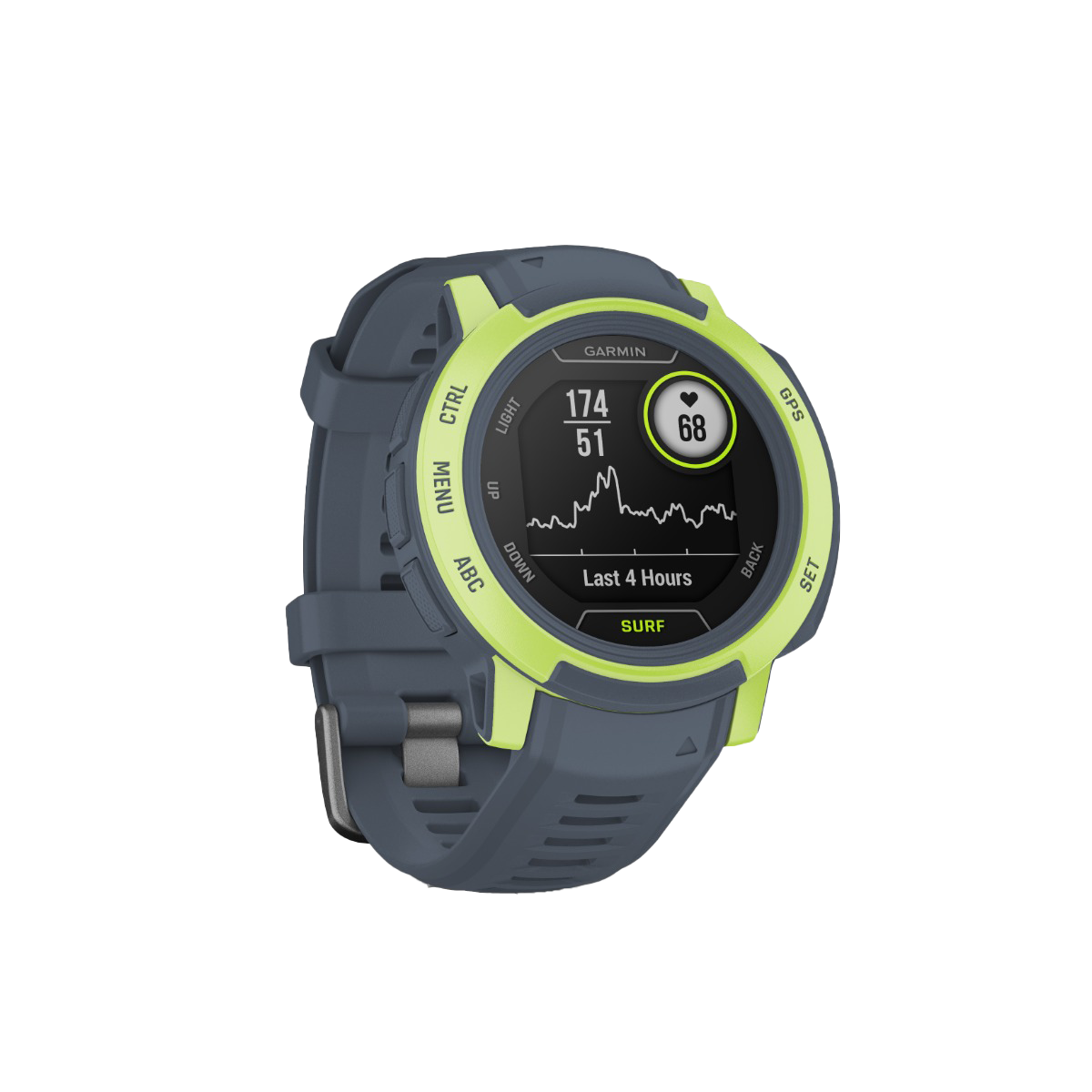 Garmin Instinct 2 Surf Edition Mavericks smart watch with blue band and lime bezel.