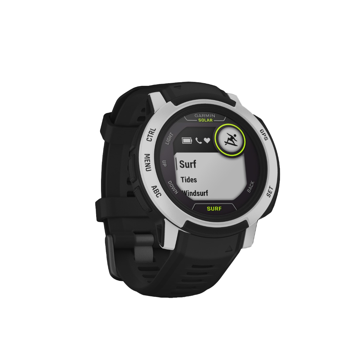 Garmin Instinct 2 Solar Surf Edition smartwatch, black silicone strap, silver bezel